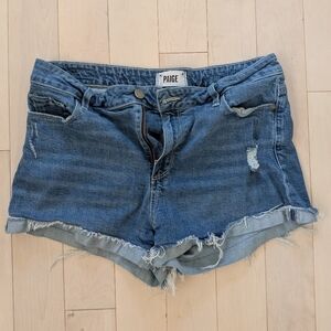 PAIGE Blue Jean Shorts with Distressed Hem
